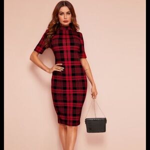 Red and Black Mock Neck Bodycon Dress